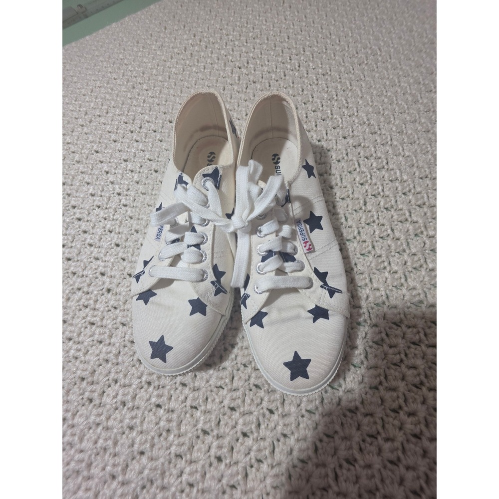Superga 2750 Cotu Sneakers Womens 8.5 Cream Navy Star Print Good Low Top Canvas